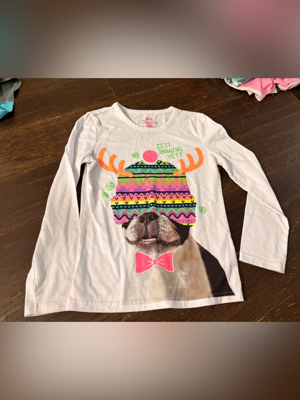 Justice White Long-Sleeve Tee with Colorful Reindeer Dog Graphic